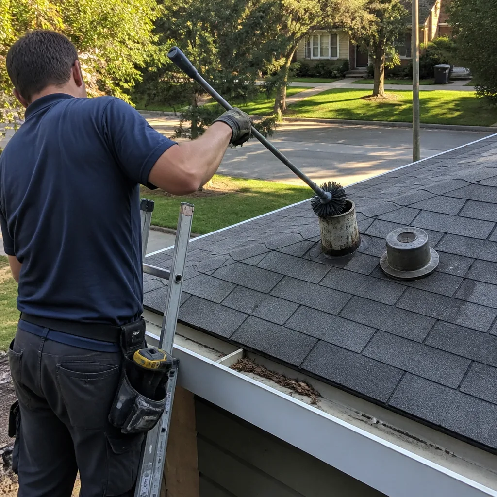 Professional technician performing dryer vent cleaning on a residential roof