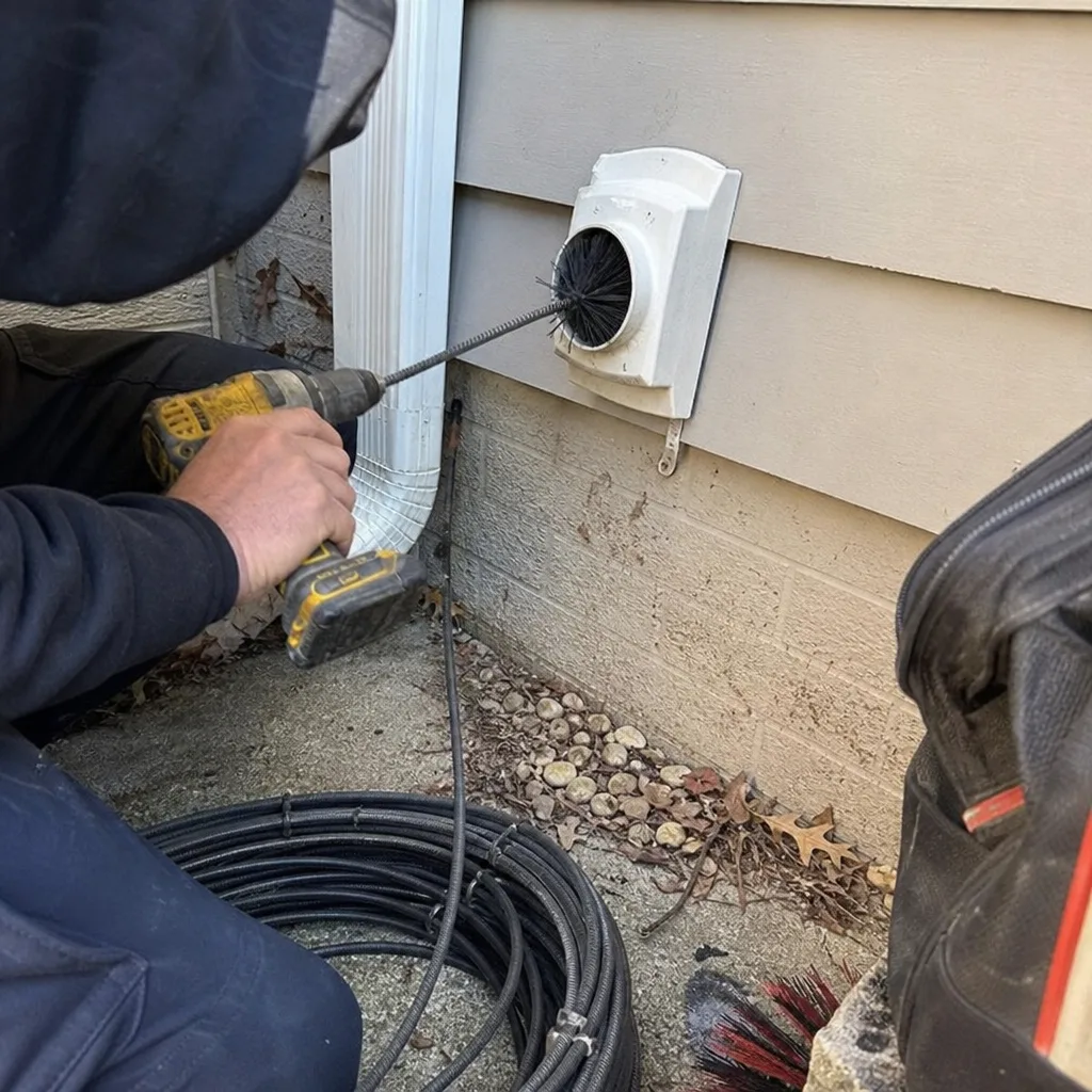 Technician using a rotating brush tool for professional dryer vent cleaning