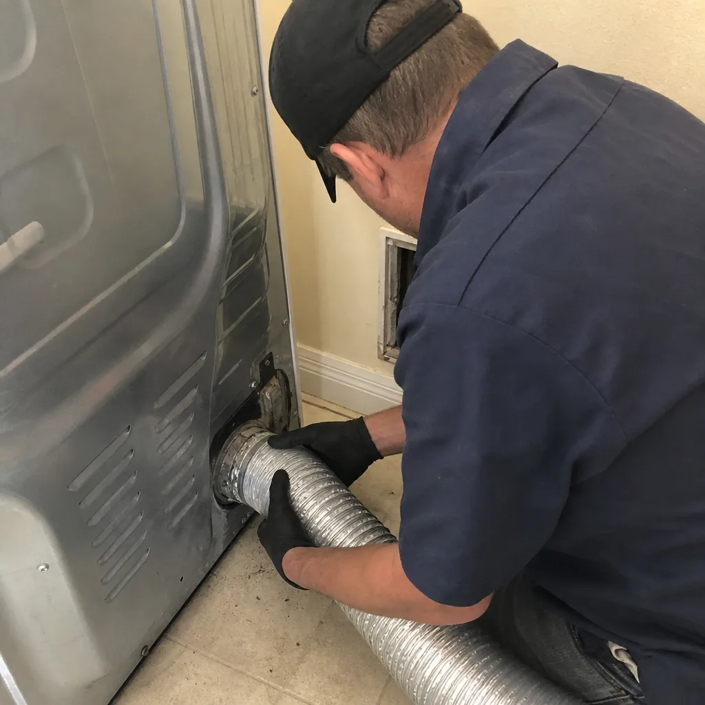 Professional technician performing dryer vent cleaning and maintenance service