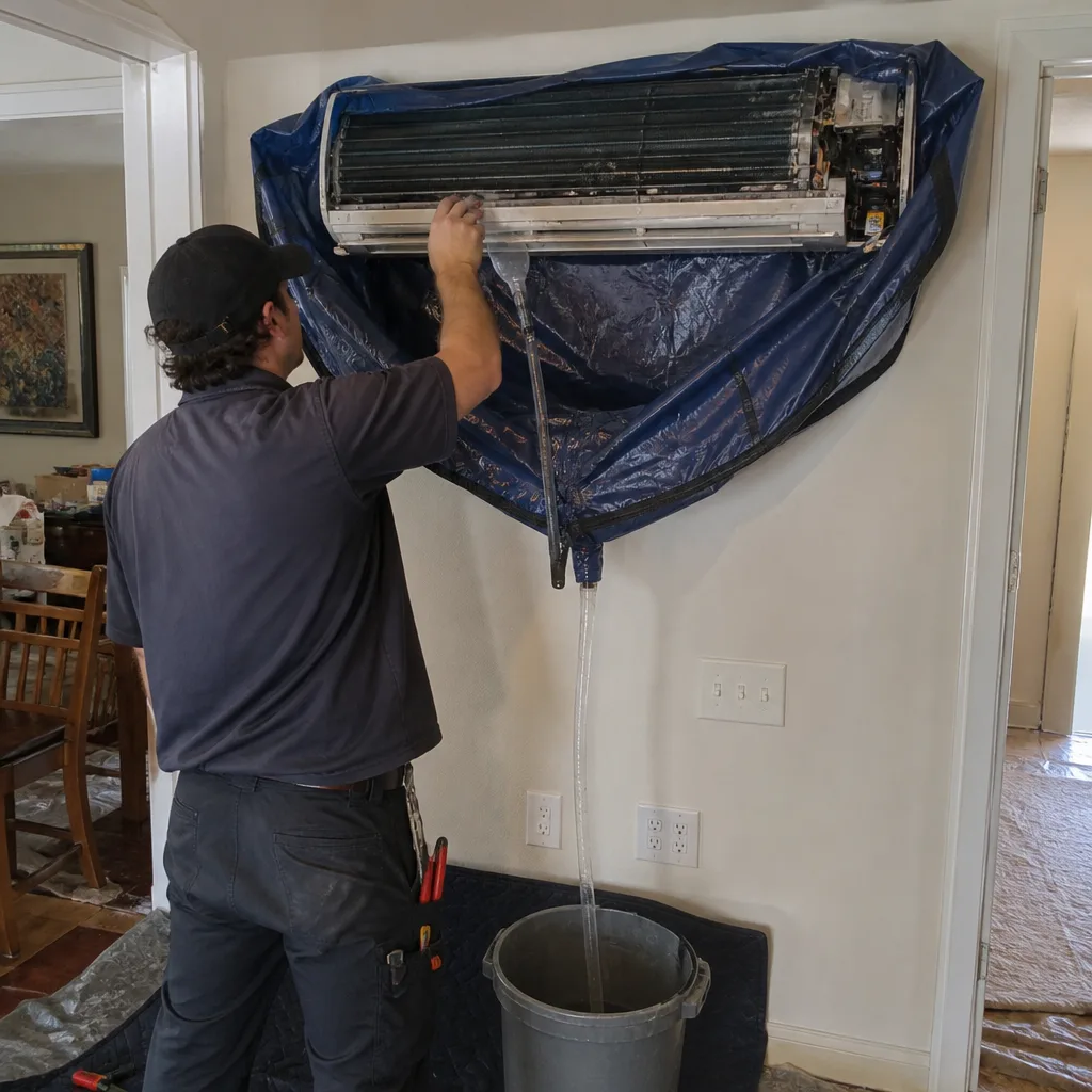 Technician performing professional HVAC cleaning on a wall-mounted ductless unit