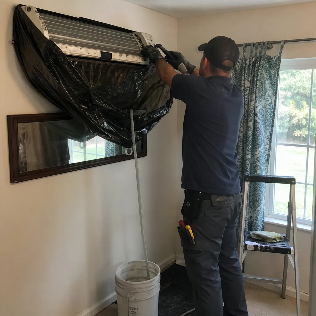 Technician performing professional HVAC system deep cleaning and maintenance service