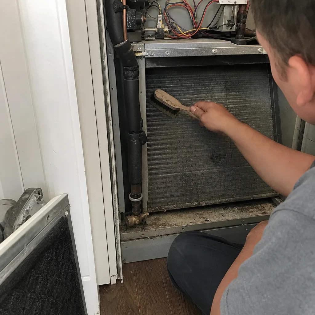 HVAC technician cleaning dusty evaporator coil with a brush for maintenance